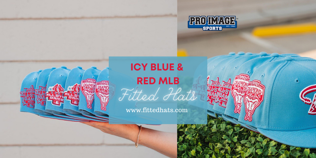 Icy Blue & Red Fitted Hats