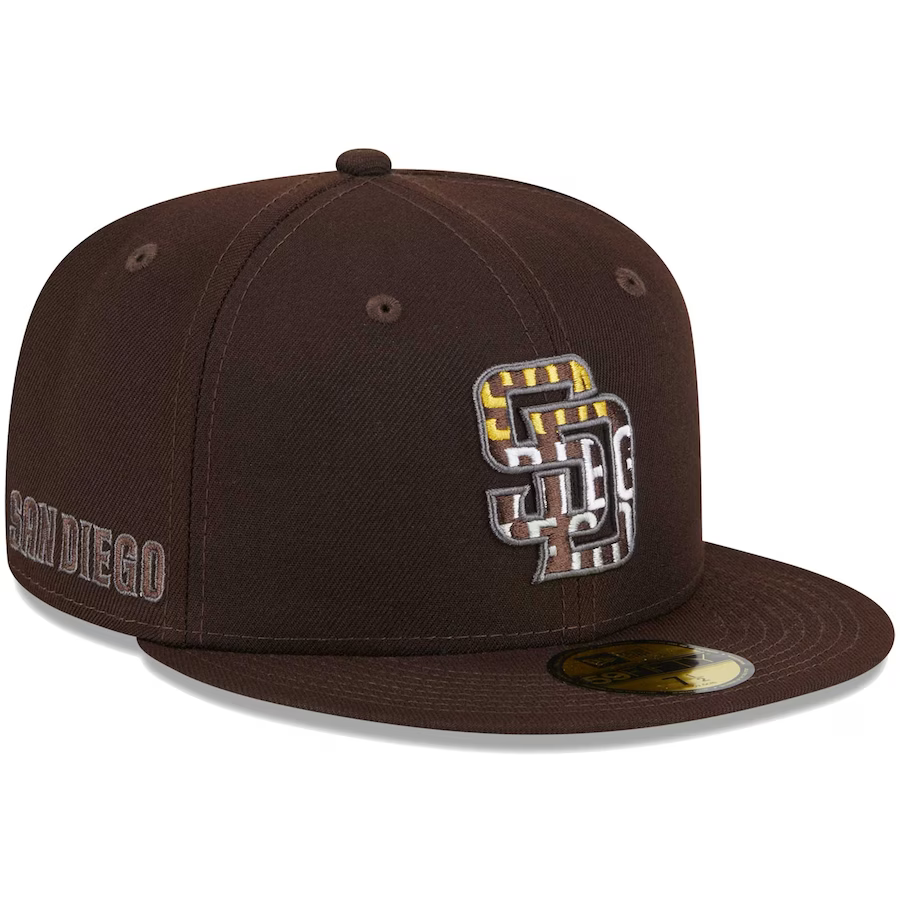 (City Connect Colors) San Diego Padres New Era MLB 59FIFTY 5950 Fitted Cap Hat Teal Crown/Visor Magenta/Yellow/White Script Logo Stadium Side Patch