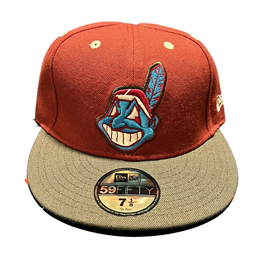 New Era Cleveland Indians Chief Wahoo Crimson/Tortilla Brown/Turquoise 1990's-2000 Vintage 59FIFTY Fitted Hat
