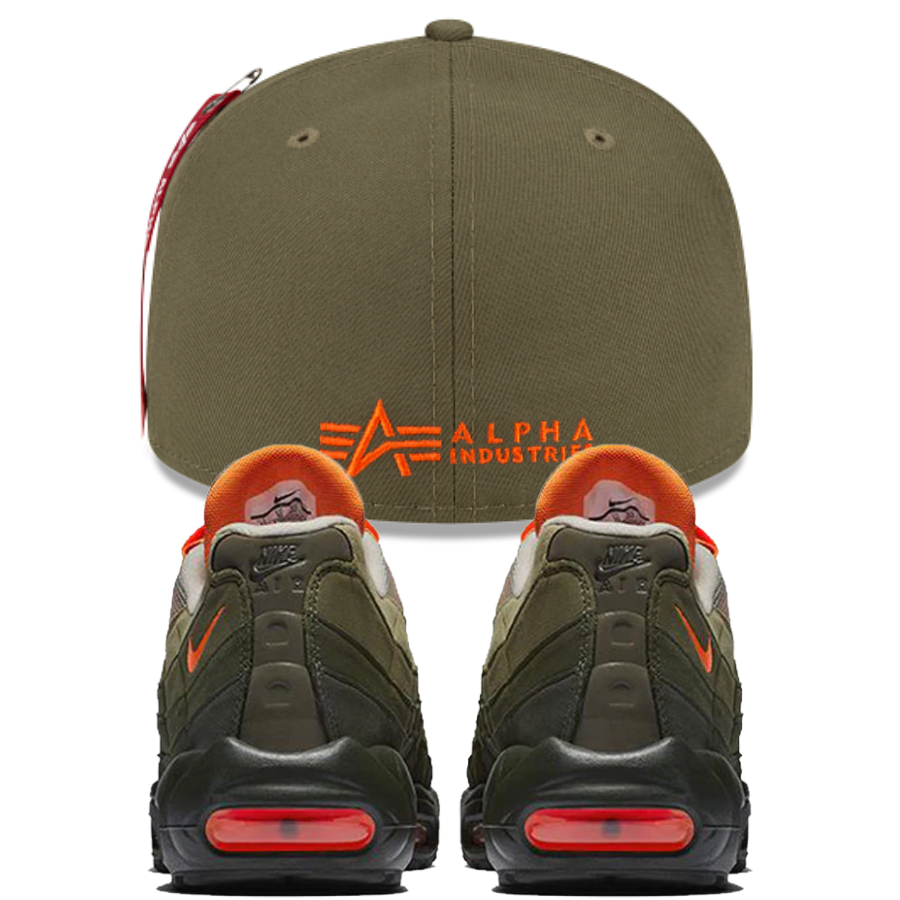 New Era x Alpha Industries Olive Fitted Hat w/ Nike Air Max 95 OG Neutral Olive Total Orange