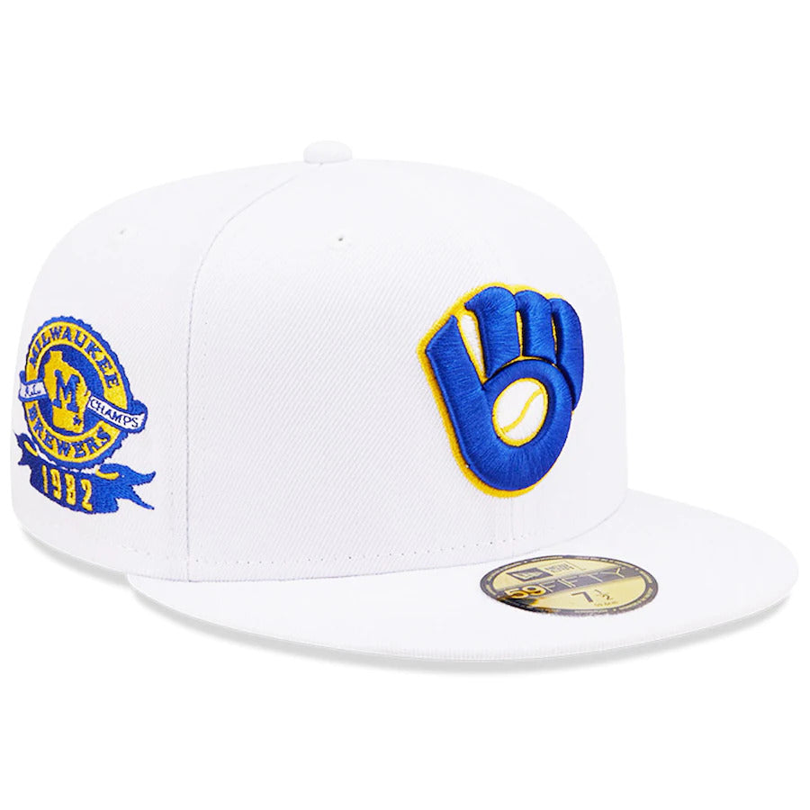 New Era White Milwaukee Brewers 1982 American League Champions Patch Undervisor 59FIFTY Fitted Hat