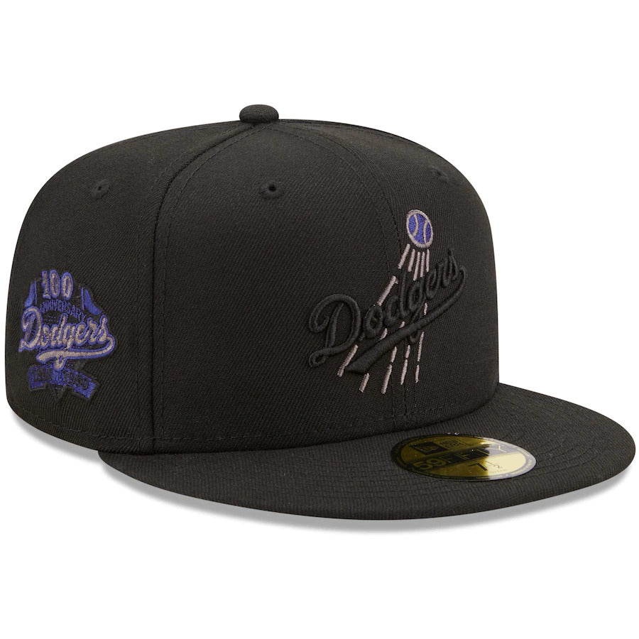 New Era Black  Los Angeles Dodgers 100th Anniversary Patch Blackout Pop Undervisor 59FIFTY Fitted Hat