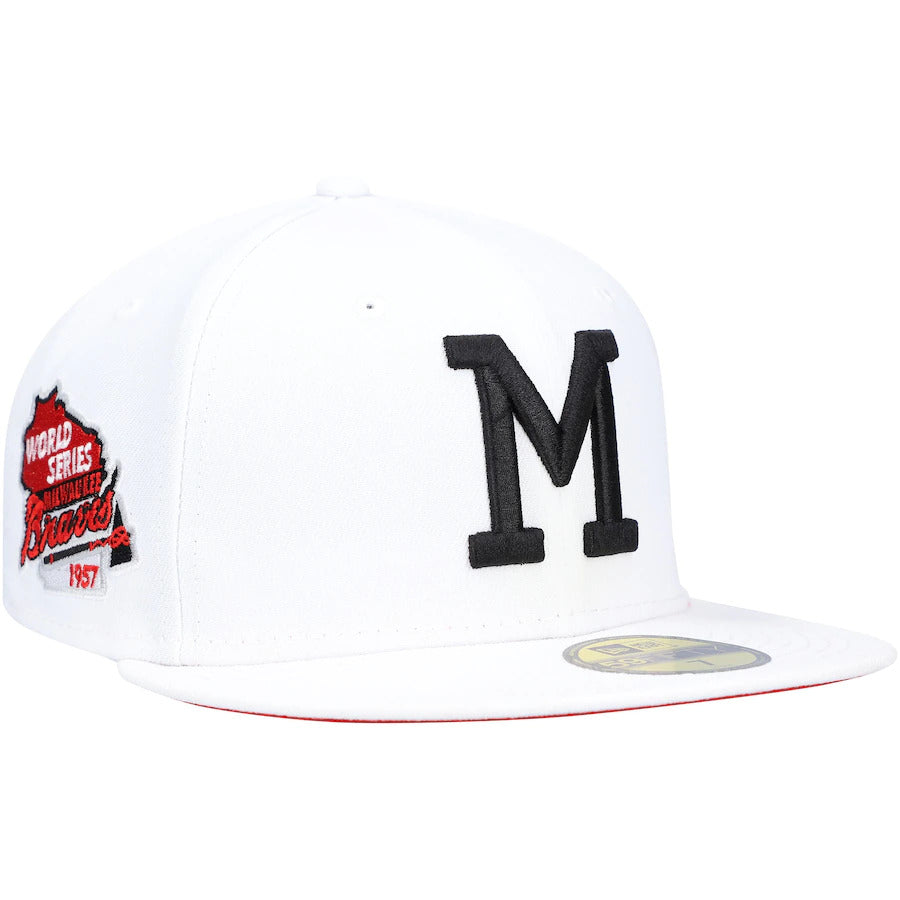 New Era White Milwaukee Braves 1957 World Series Patch Red Undervisor 59FIFTY Fitted Hat