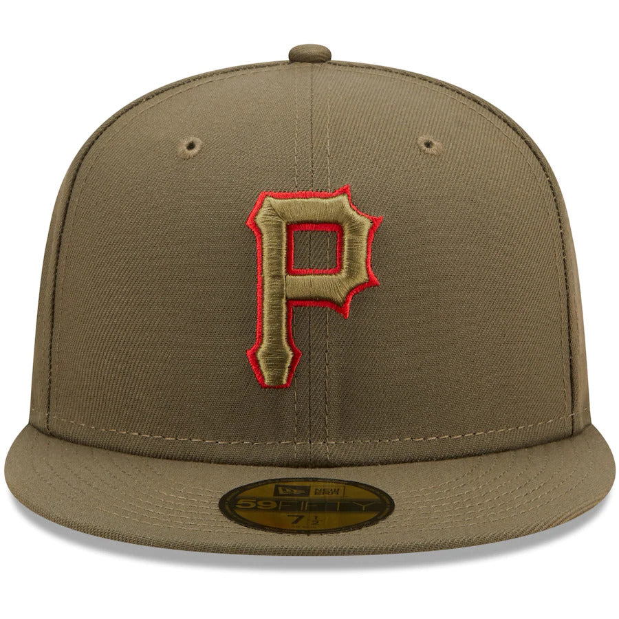 New Era Pittsburgh Pirates Olive Three Rivers Stadium Three Golden Decades Scarlet Undervisor 59FIFTY Fitted Hat