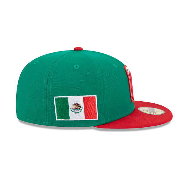 Mexico New Era Wbc World Baseball Classic 59FIFTY 5950 Fitted Cap Hat Khaki Crown Dark Brown Visor White/Brown/Yellow Logo Mexico Flag Side Patch 7 1/