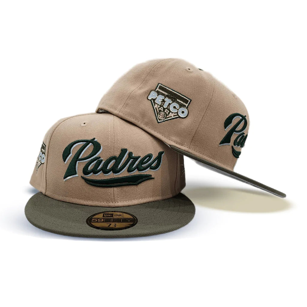 New Era San Diego Padres Script Camel/Olive Green 59FIFTY Fitted Hat