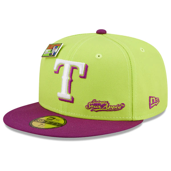 New Era MLB x Big League Chew  Texas Rangers Swingin' Sour Apple Flavor Pack 59FIFTY Fitted Hat - Green/Purple