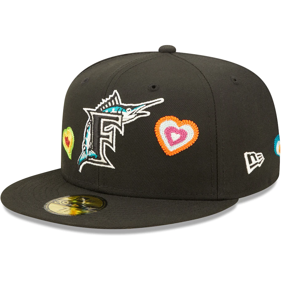 New Era Florida Marlins Black Chain Stitch Heart 59FIFTY Fitted Hat