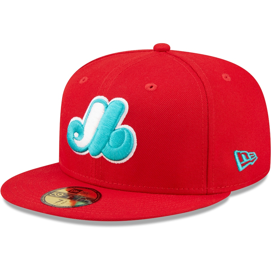 New Era Montreal Expos Olympic Stadium Stade Olympique Scarlet/Teal Undervisor 2022 59FIFTY Fitted Hat
