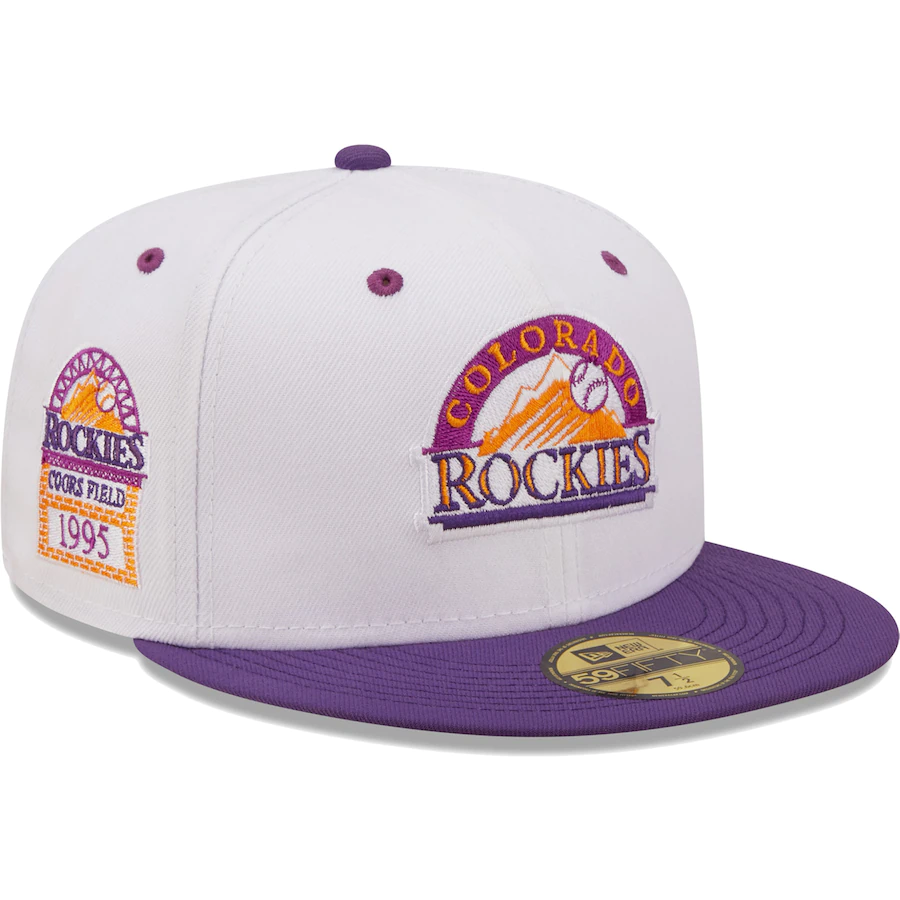 New Era Colorado Rockies White/Purple 1995 Coors Field Grape Lolli 59FIFTY Fitted Hat