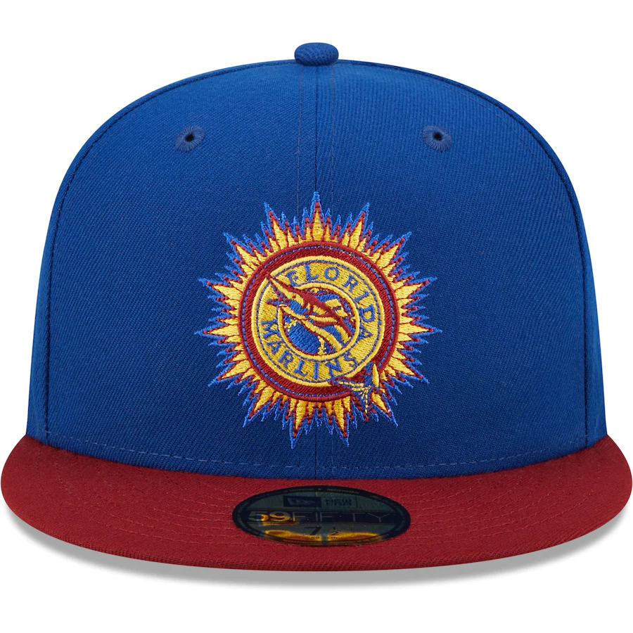 New Era Florida Marlins Blue/Red Alternate Throwback Logo Primary Jewel Gold Undervisor 59FIFTY Fitted Hat