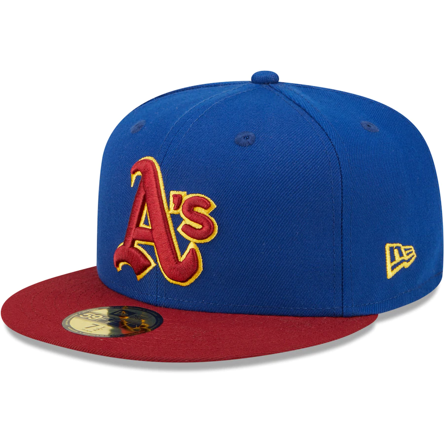 New Era Oakland Athletics Blue/Red Throwback Logo Primary Jewel Gold Undervisor 59FIFTY Fitted Hat