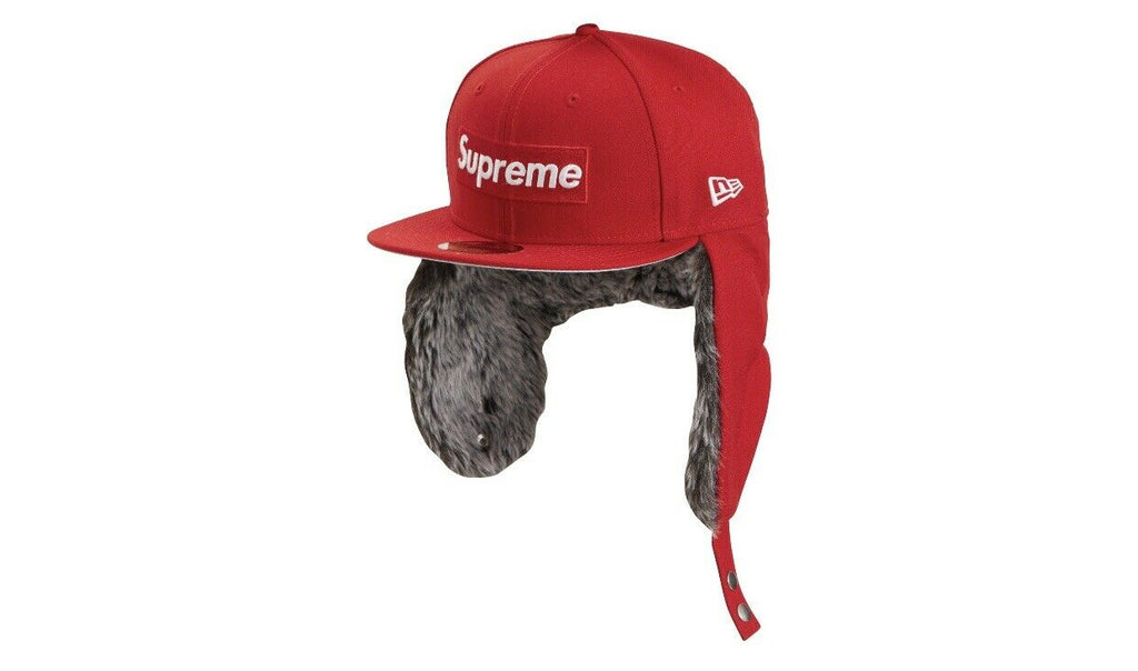 New Era Supreme Red on Grey Ear Flap Designer 59FIFTY Fitted Hat