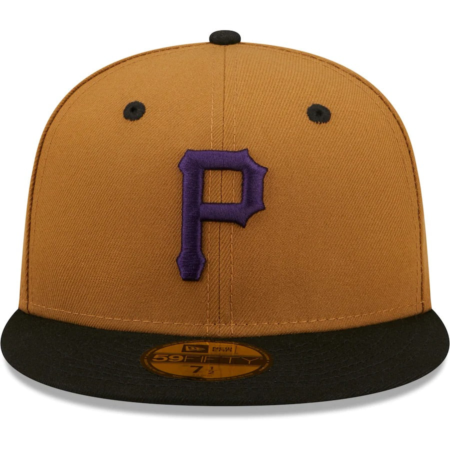 New Era Pittsburgh Pirates Tan/Black Three Rivers Stadium Three Golden Decades Cooperstown Collection Purple Undervisor 59FIFTY Fitted Hat