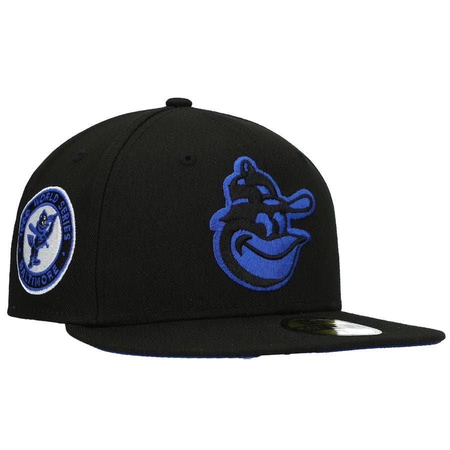 New Era Baltimore Orioles Black World Series 1966 World Series Patch Royal Under Visor 59FIFTY Fitted Hat