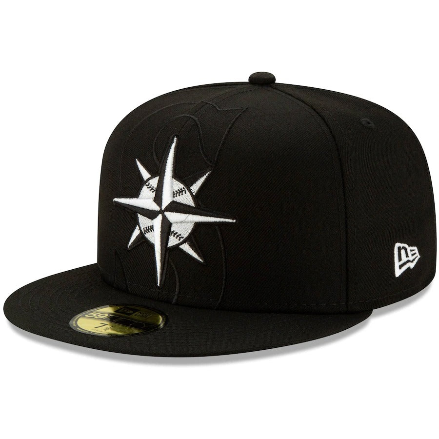 New Era Black Seattle Mariners Monochrome Logo Elements 59FIFTY Fitted Hat