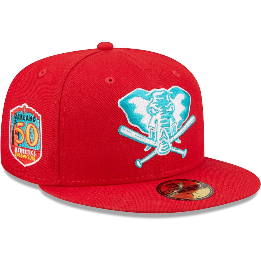 New Era Oakland Athletics 50th Anniversary Scarlet/Teal Undervisor 2022 59FIFTY Fitted Hat