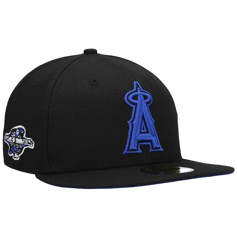 New Era Los Angeles Angels Black World Series 2002 World Series Patch Royal Under Visor 59FIFTY Fitted Hat