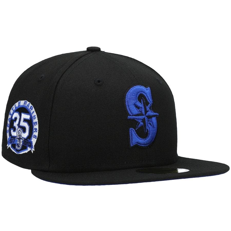 New Era Seattle Mariners Black World Series 35th Anniversary Patch Royal Under Visor 59FIFTY Fitted Hat