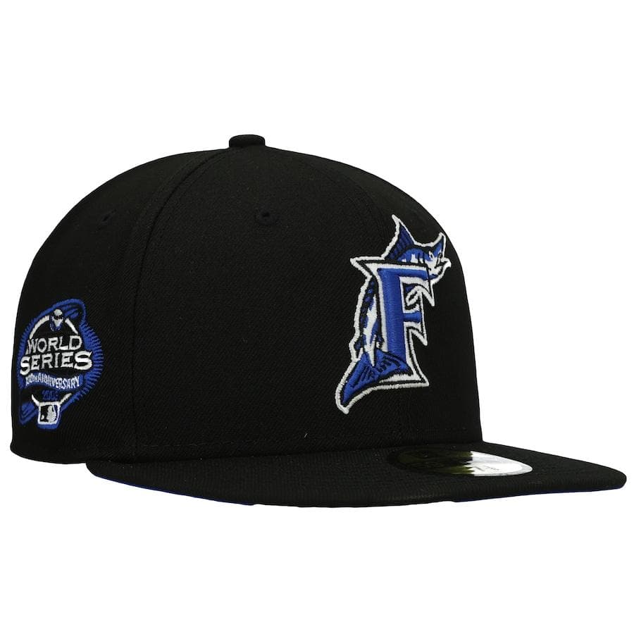 New Era Florida Marlins Black World Series World Series 100th Anniversary Patch Royal Under Visor 59FIFTY Fitted Hat