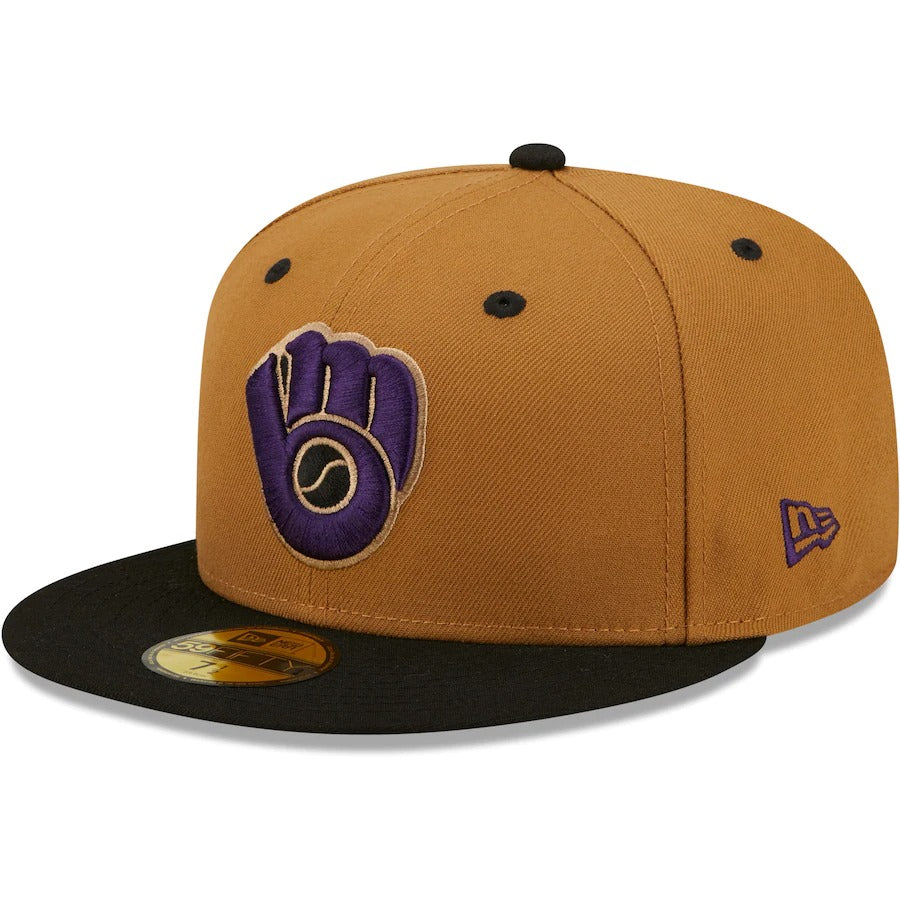 New Era Milwaukee Brewers Tan/Black 50th Anniversary Cooperstown Collection Purple Undervisor 59FIFTY Fitted Hat